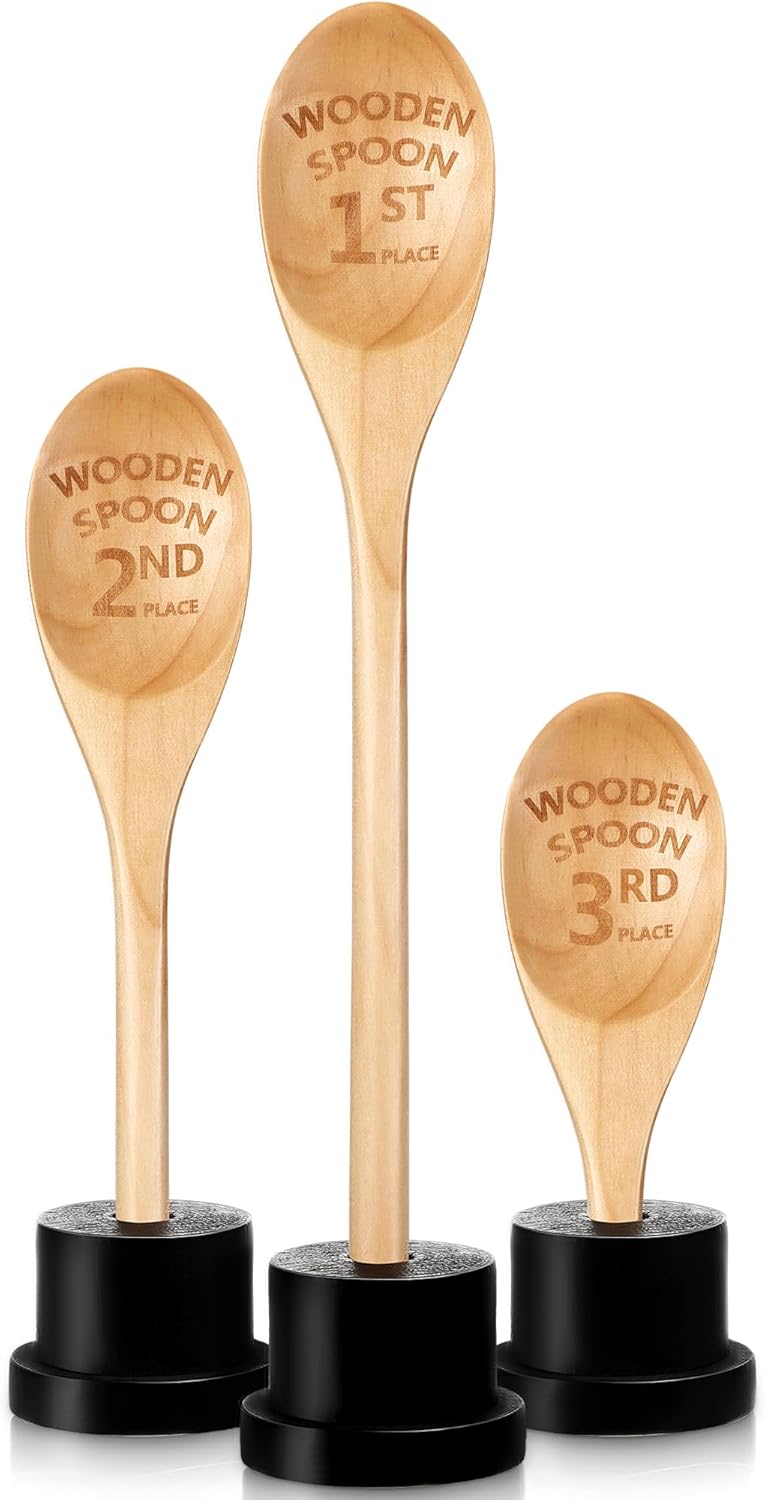 Highergo 3 Pieces Golden Spoon Award Trophies Set Chili Cook Off Wood Spoon Prizes Wooden Laser Engraved with Wooden Trophy Base Cooking Baking Gifts for Bake Off Chili - Image 1